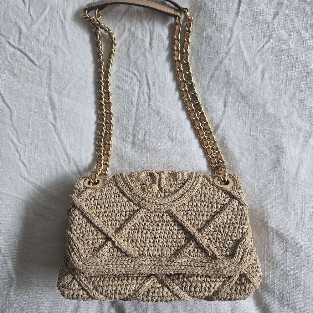 Tory Burch Small Fleming Straw Woven Crossbody In Natural